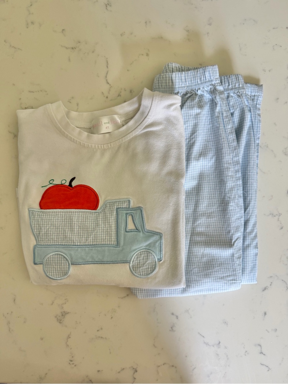 Kids White & Light Blue Truck Applique Set with Red Apple